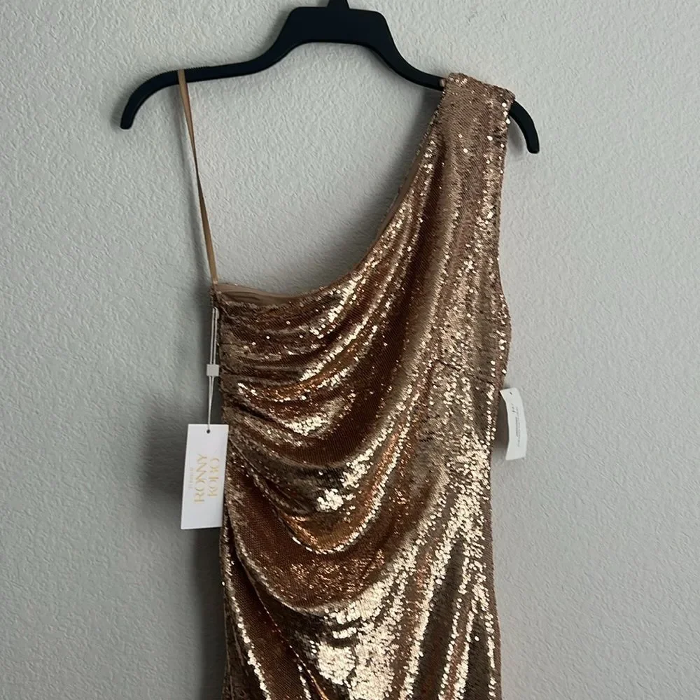 Ronny Kobo Kelly Sequin One-Shoulder Dress, Metallic Gold Size S - Picture 8 of 13
